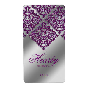 Damask Wedding Wine Label Sparkle Purple Silver