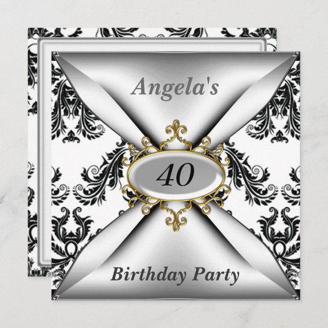 Damask White Birthday Party black white Invitation (Front/Back)