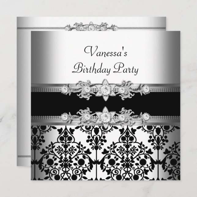 Damask White Black Birthday Party Invitation (Front/Back)