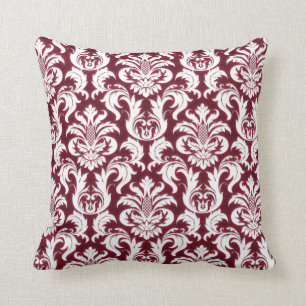 Damask White Metallic Burgundy Bordeaux Red Velvet Cushion