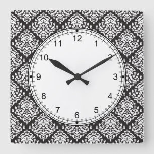 Damask White on Black Square Wall Clock