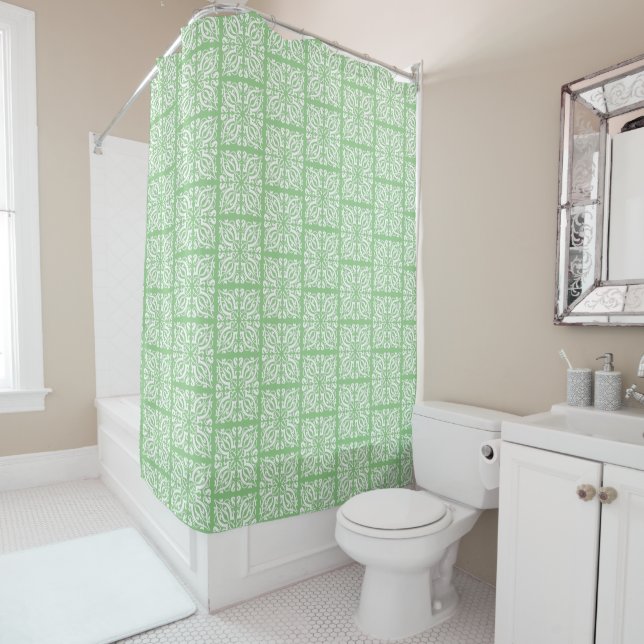 Damask white on green shower curtain (In Situ)
