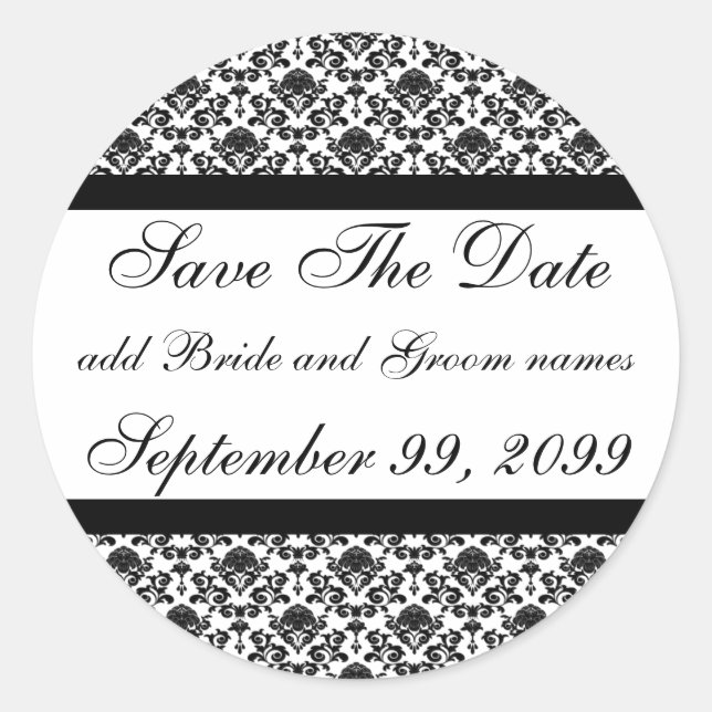 Damask White Save The Date Reminders Classic Round Sticker (Front)