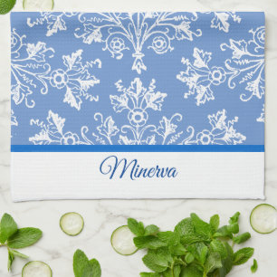Damask White with Editable Border Tea Towel