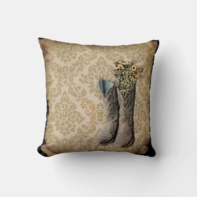 Damask wildflower Western country cowboy boots Cushion (Front)