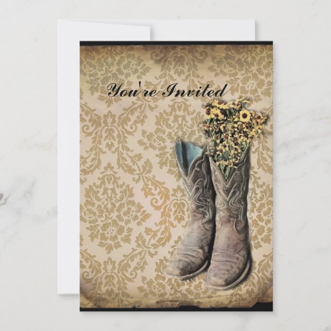 Damask wildflower Western country cowboy boots Invitation (Front)
