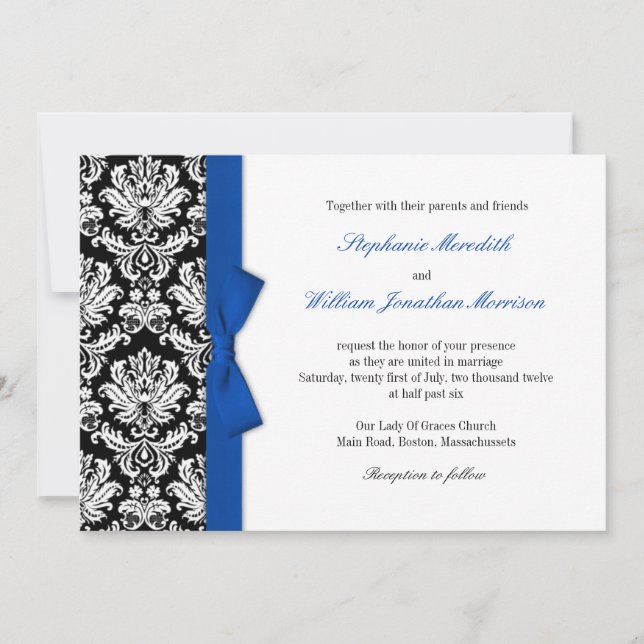 Damask With Blue Bow Wedding Invitation (Front)