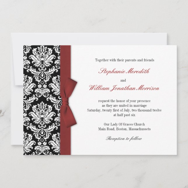 Damask With Burgundy Bow Wedding Invitation (Front)