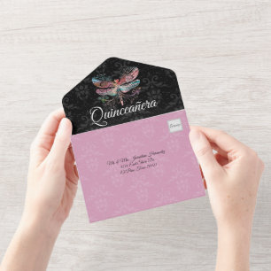 Damask with Dragonfly Quinceañera All In One Invitation