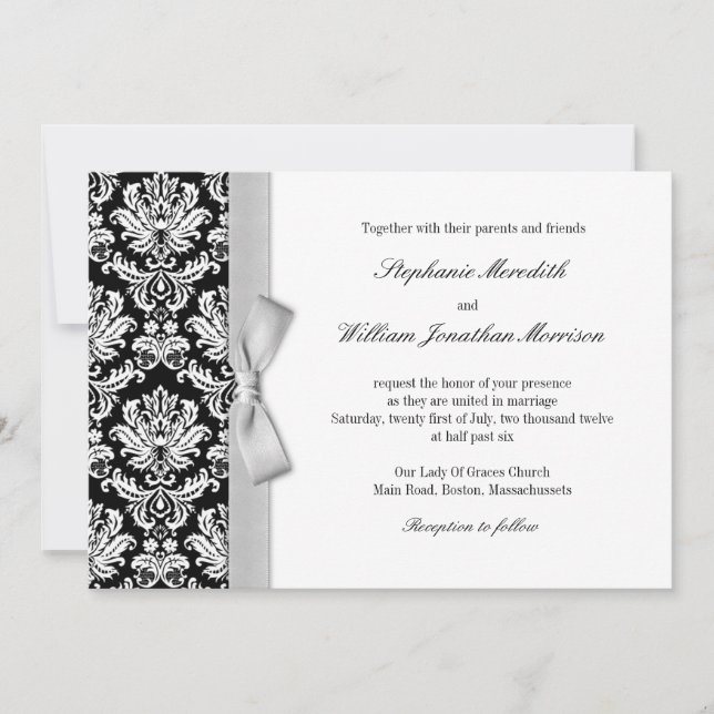 Damask With Grey Silver Bow Wedding Invitation (Front)