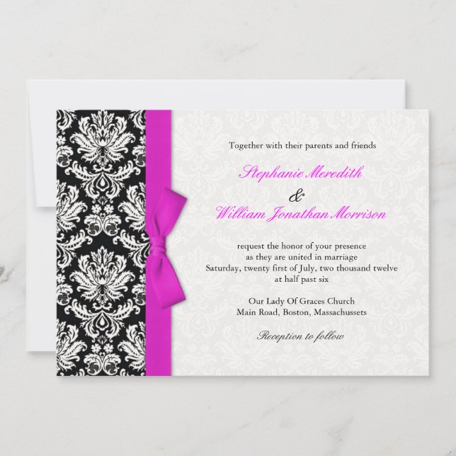 Damask With Hot Pink Bow Wedding Invitation (Front)