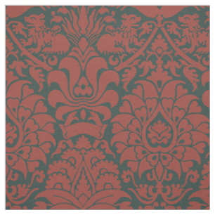 Damask with Lions, Dark Red on Black Fabric