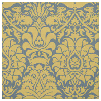 Damask with Lions, Mustard on Navy Blue Fabric