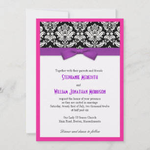 Damask With Purple Bow and Pink Wedding Invitation