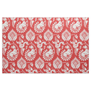 Damask with Winged Serpents, White on Red Fabric