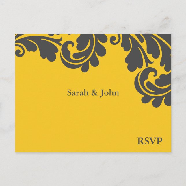 Damask Yellow and Grey Wedding RSVP Invitation Postcard (Front)