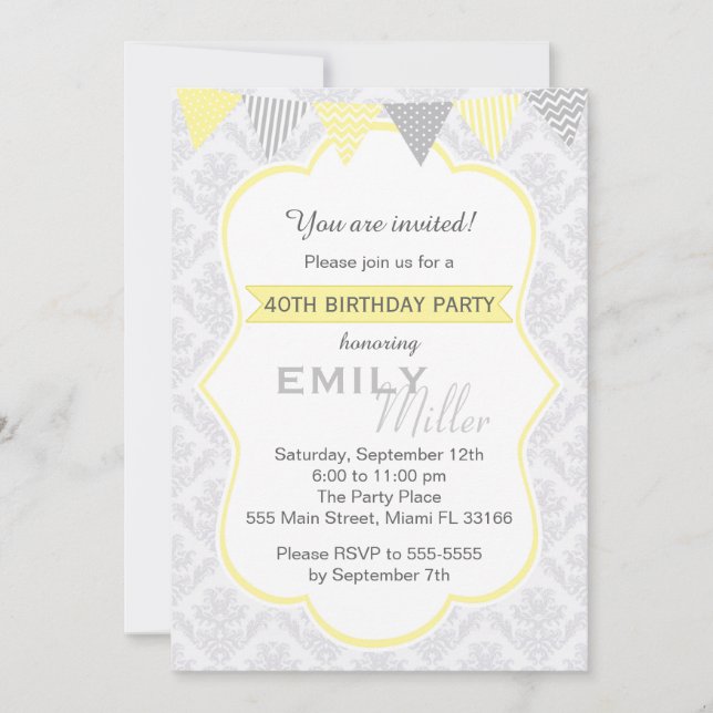 Damask Yellow Grey Adult Birthday Invitation (Front)