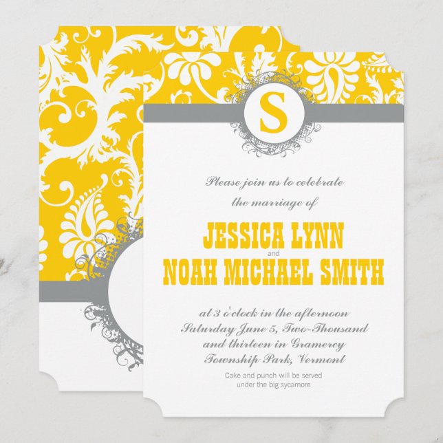 Damask Yellow Grey Monogram Wedding Invite (Front/Back)