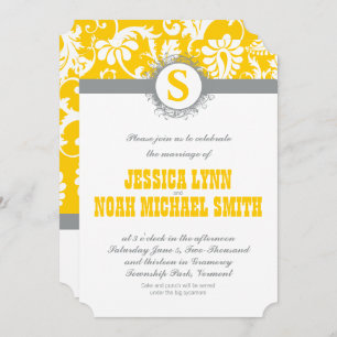 Damask Yellow Grey Monogram Wedding Invite