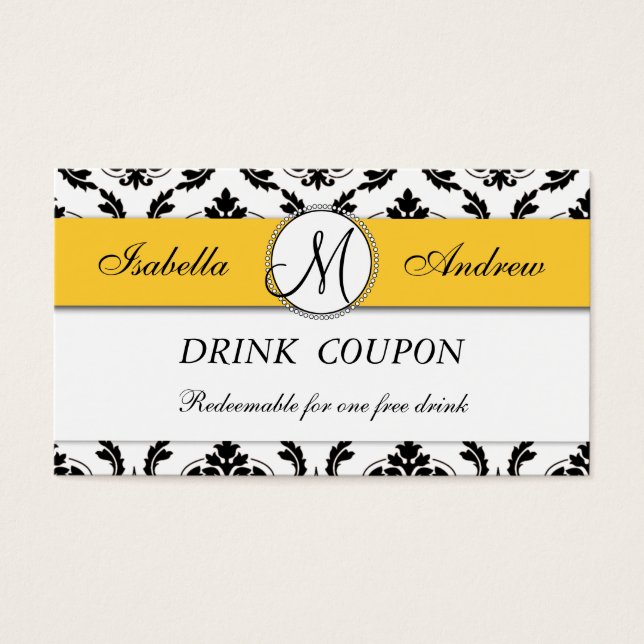 Damask Yellow Wedding Free Drink Coupon Card (Front)