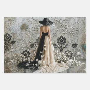 Dame en Noir Damask Decoupage  Wrapping Paper Sheet