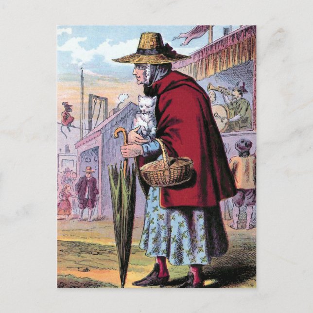 Dame Trot buys the Cat Vintage Illustration Postcard (Front)