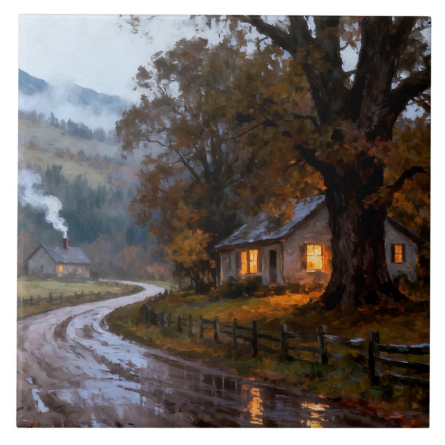 Damp Autumn Evening, Cosy House Ceramic Tile (Front)