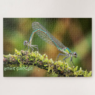 Damselflies Macro - Iridescent Love on Moss Jigsaw Puzzle