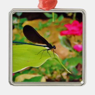 Damselfly and Rose Metal Ornament
