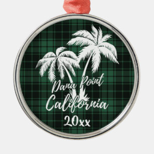 Dana Point California Beach Palm Tree Green Plaid Metal Ornament