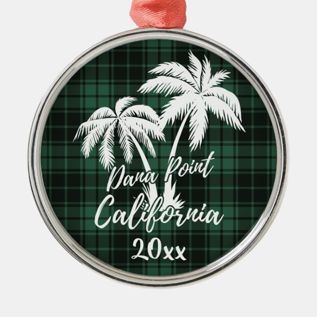 Dana Point California Beach Palm Tree Green Plaid Metal Ornament (Front)