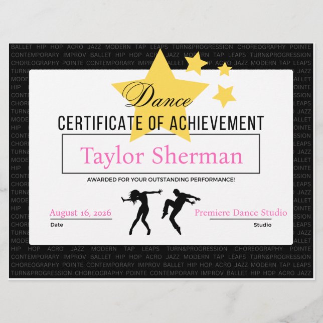 Dance Achievement Certificate Recital Award Stars Custom Letterhead (Front)