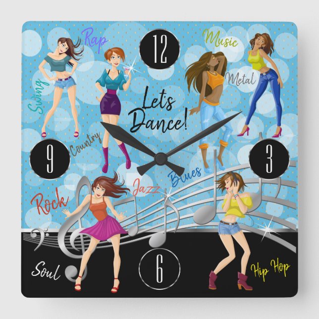 Dance All Night Music Girl Design Square Wall Clock (Front)