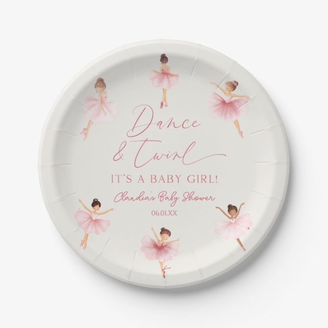 Dance and Twirl Ballerina Pink Ballet Baby Shower Paper Plate (Front)