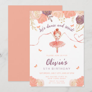 Dance and Twirl Floral Ballerina Girl Birthday Invitation
