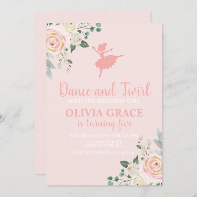 Dance and Twirl Floral pink Ballet Birthday Invitation (Front/Back)