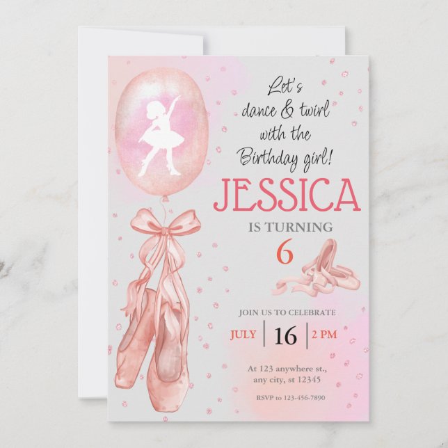 Dance and Twirl Pink girl Ballet Shoes Birthday Invitation (Front)