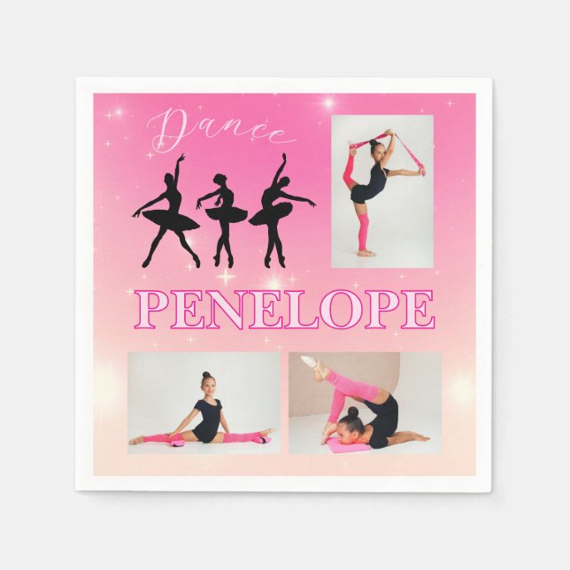 Dance Ballet Pink Gradient 3 Photo Personalised Napkin (Front)
