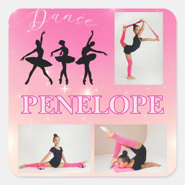 Dance Ballet Pink Gradient 3 Photo Personalised Square Sticker (Front)