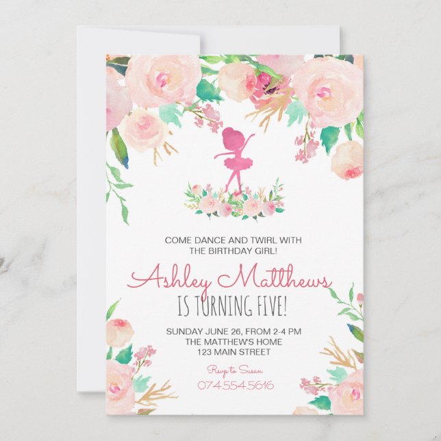Dance birthday, ballerina, birthday invitation (Front)