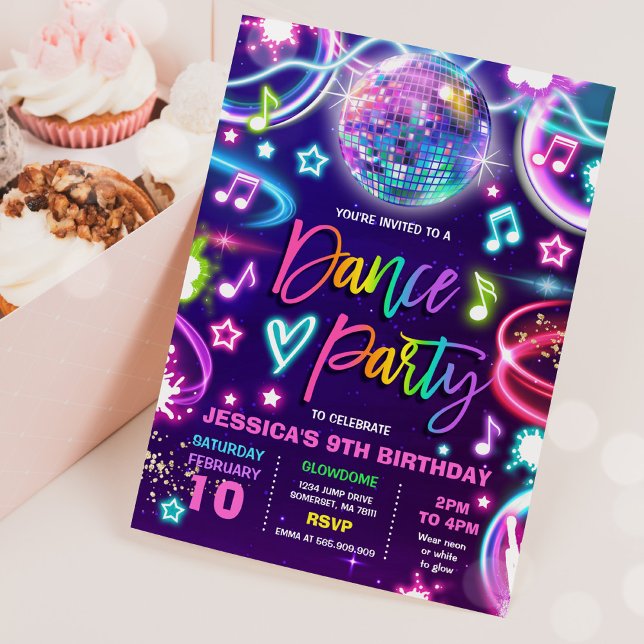 Dance Birthday Party Neon Glow Dance Disco Invitation (Creator Uploaded)