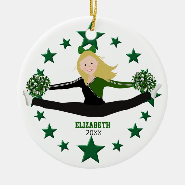 Dance Blonde Cheerleader Green Stars And White Ceramic Ornament (Front)