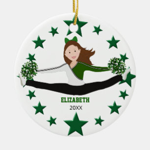 Dance Cheer Brunette Green Stars & White Ceramic Ornament