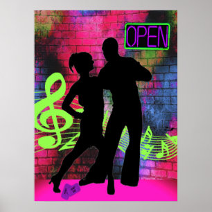 Dance Couple Brick Wall Neon Colours Poster