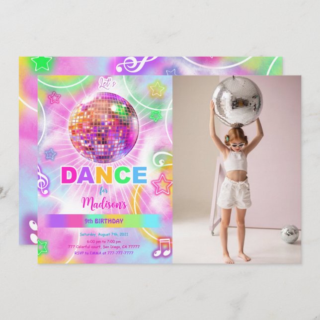 Dance Disco Party Neon Glow Photo  Invitation (Front/Back)