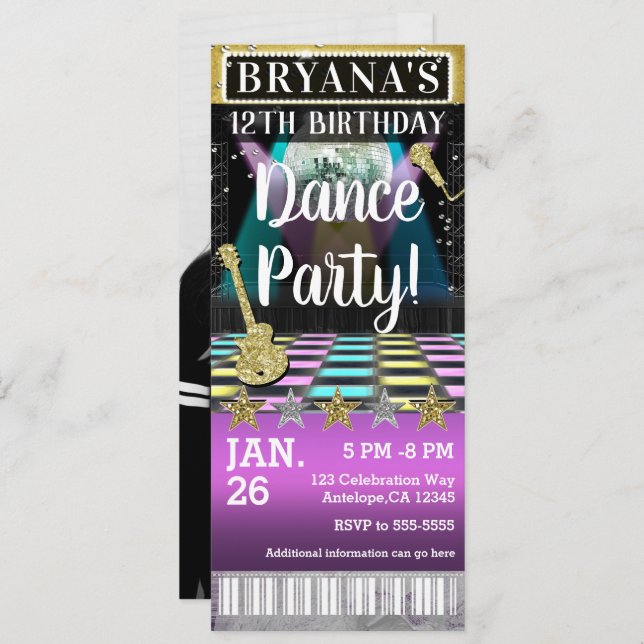 Dance Floor Disco Ball Birthday Party Photo Ticket Invitation (Front/Back)