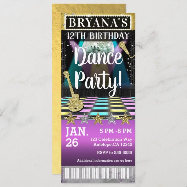 Dance Floor & Disco Ball Birthday Party Ticket Invitation (Front/Back)