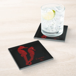 Dance Of The Seahorses (Red) Glass Coaster