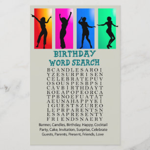 Dance party Birthday Word Search Game