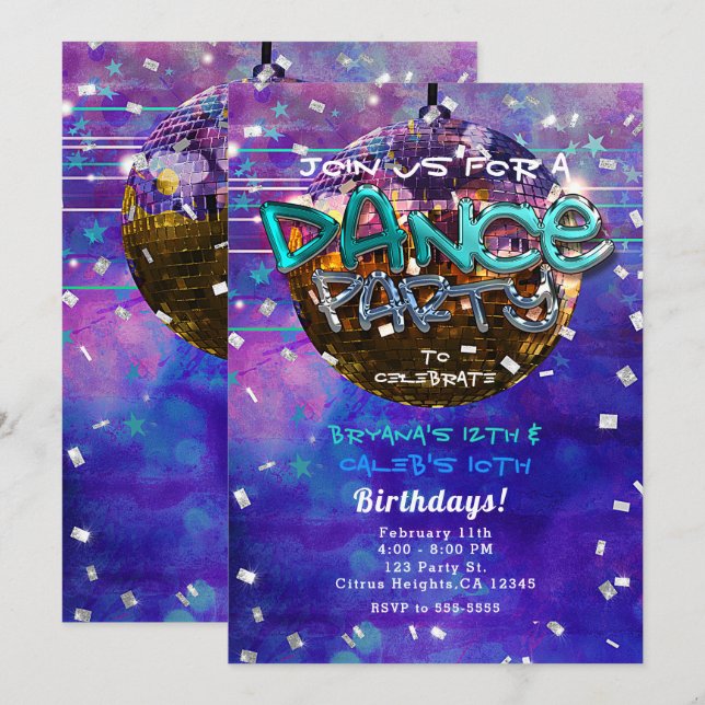 Dance Party Disco Ball Purple Cool Birthday Invitation (Front/Back)